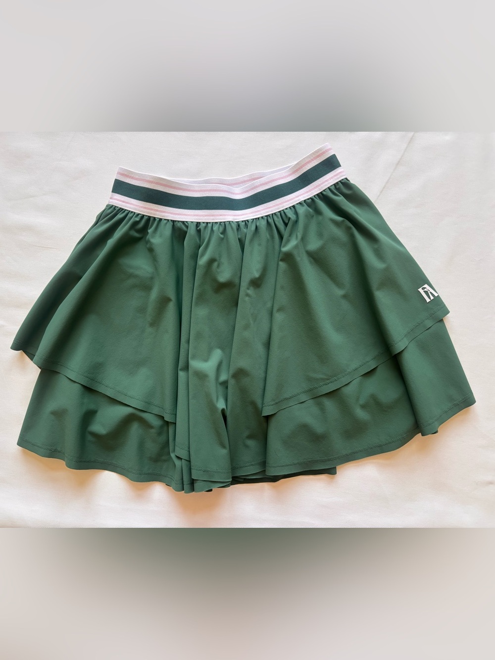 Tiered Green Athletic Skirt with Stripe Waistband